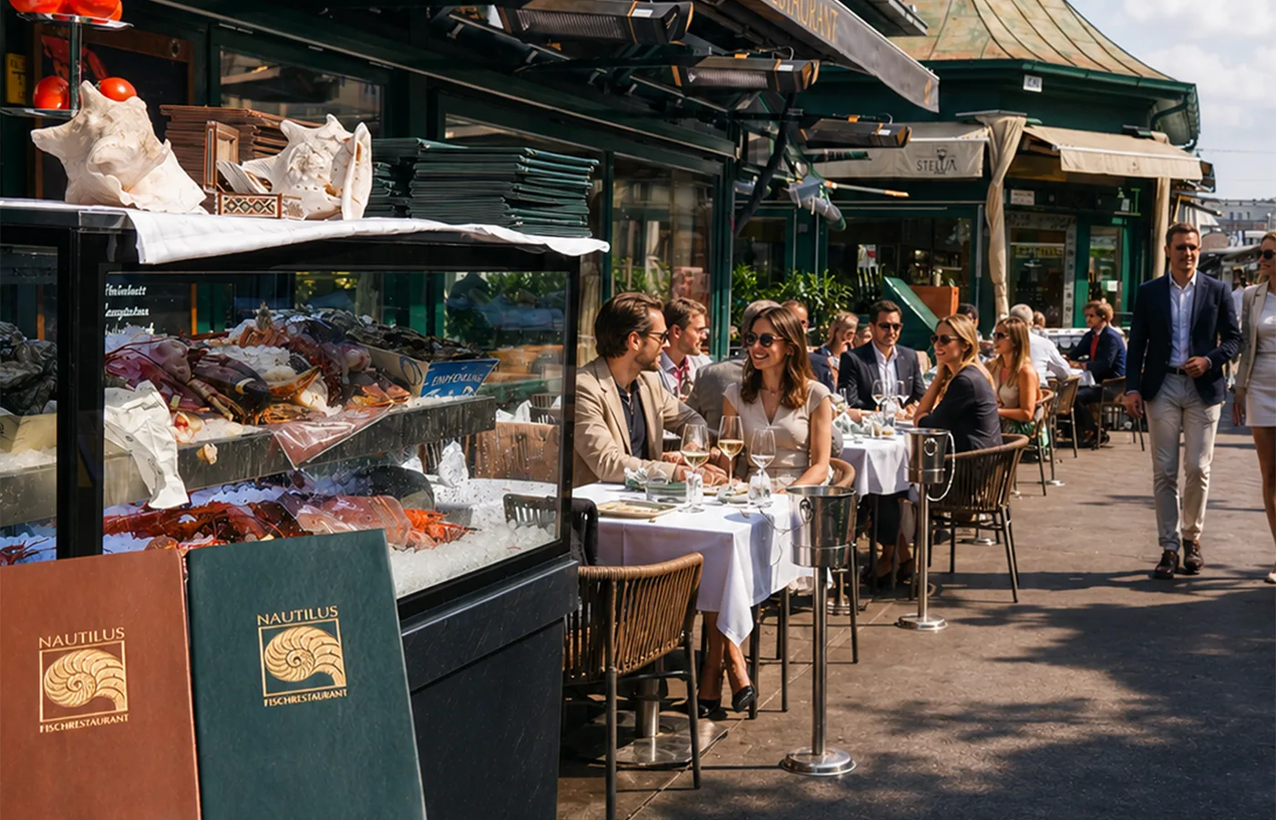 Gäste im Schanigarten des Nautilus Fischrestaurants am Naschmarkt in Wien